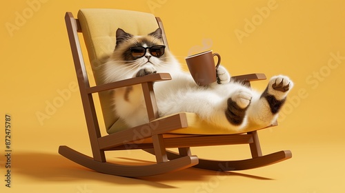 Cute cat wearing sunglasses sitting in a rocking chair and holding a cup of coffee on a plain background. photo