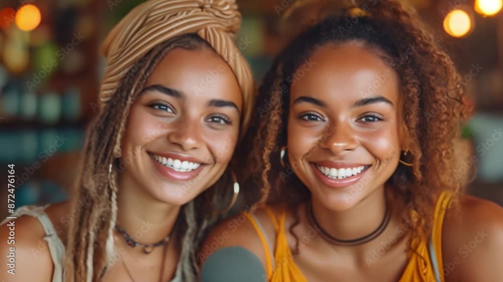 This Two young women with brown skin smile joyfully, one in a turban, both with long, curly hair. This Two young women with brown skin smile joyfully, one in a turban, both with long, curly hair.