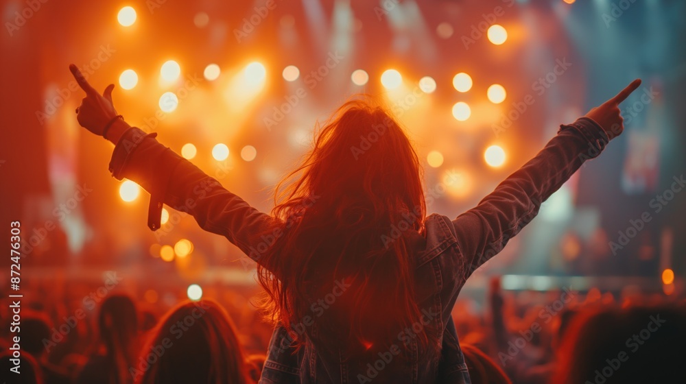 Naklejka premium Uma jovem se entrega à música em meio à multidão, sua silhueta iluminada pelas luzes do palco em um show contagiante