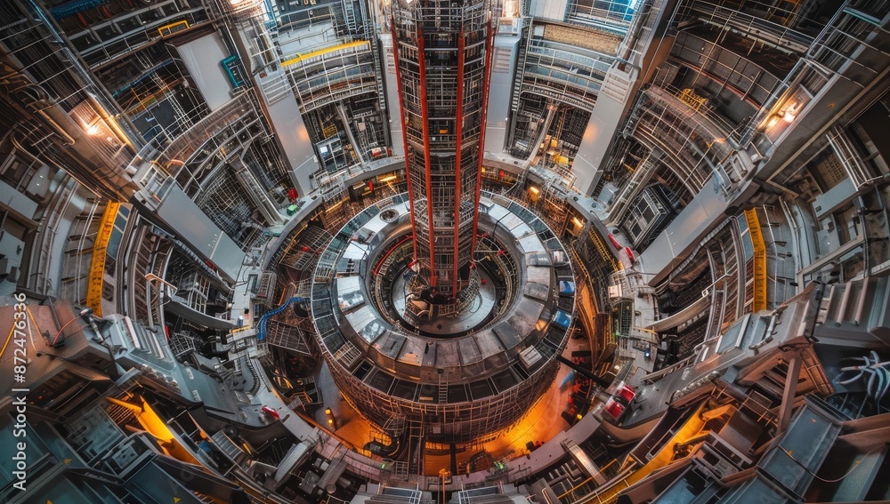 Fototapeta premium Wide angle photo of the interior of an advanced nuclear power plant, with high-tech machinery and large white towers covered in red tape and colorful equipment