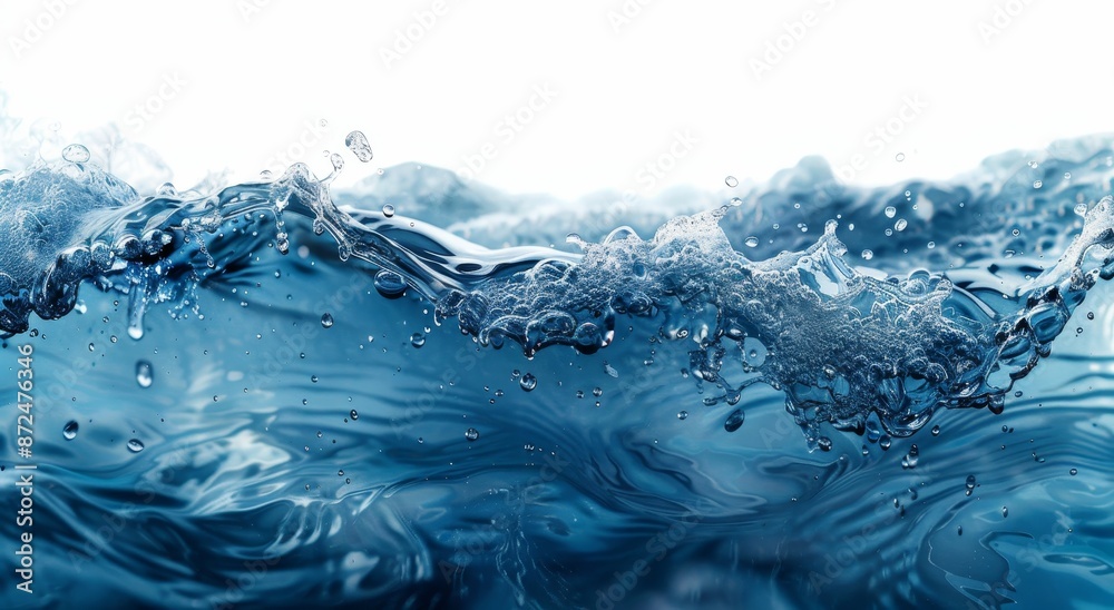 Detailed close-up of clean water wave texture with splashing water, capturing the dynamic movement and energy Detailed close-up of clean water wave texture with splashing water, capturing the dynamic movement and energy
