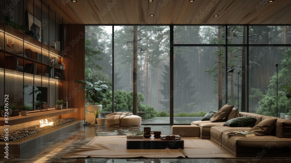 living room with class wall and view is the forest and it is raining outside living room with class wall and view is the forest and it is raining outside