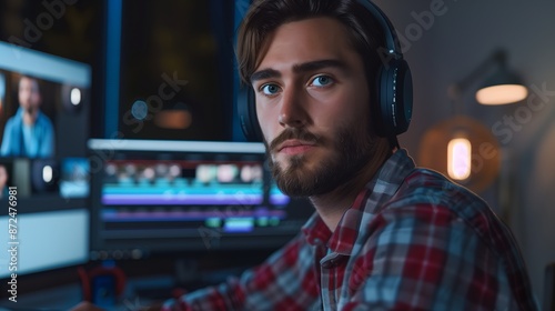 Graphic designer looking at the camera, editing a video on her computer