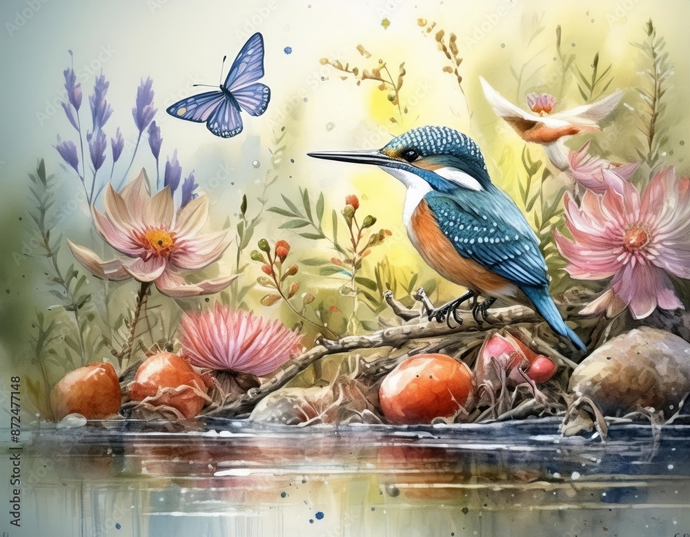 A kingfisher peaceful scene unfolds as a bird perches atop a rock nestled within a pond, enveloped by vibrant flowers and fluttering butterflies, creating a serene natural landscape A kingfisher peaceful scene unfolds as a bird perches atop a rock nestled within a pond, enveloped by vibrant flowers and fluttering butterflies, creating a serene natural landscape