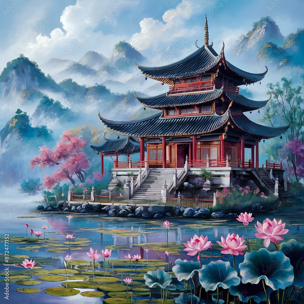 Tranquil Pagoda Amidst Misty Mountains Tranquil Pagoda Amidst Misty Mountains