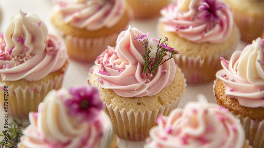 Delicious Pink Cupcakes with Sprinkles and Flowers Delicious Pink Cupcakes with Sprinkles and Flowers