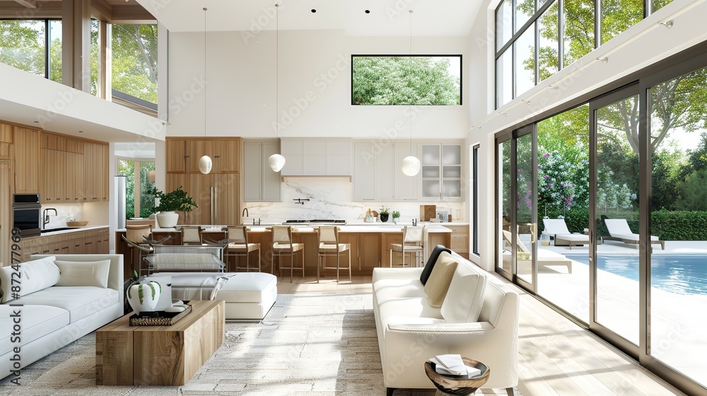 Spacious modern open plan living room and kitchen with light wood cabinets, white walls, and inviting ambiance. Spacious modern open plan living room and kitchen with light wood cabinets, white walls, and inviting ambiance.
