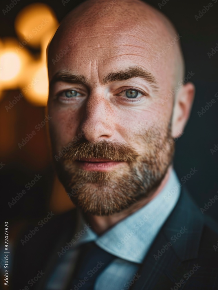 an attractive bald and beard man wearing suit professional portrait profile picture