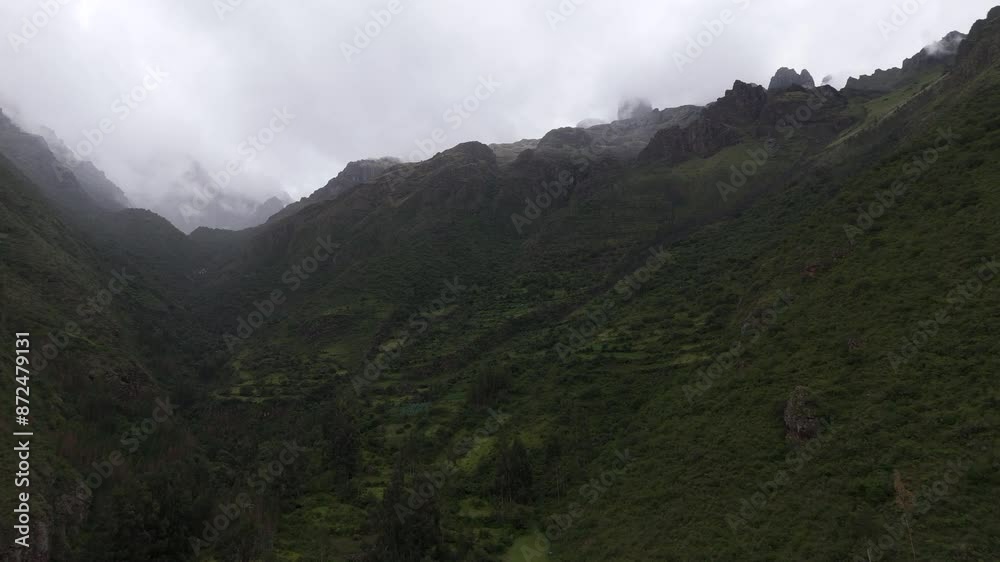 Overcast Sky Over Huamanchoque Mountains In The Urubamba Mountain Range In The Andes of Peru. Aerial Drone Shot