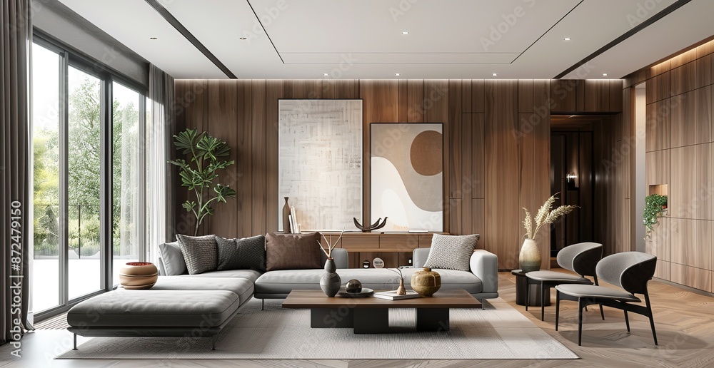Minimalist modern living room with wood paneling, grey sofa, coffee table, large windows, and indoor plants. Neutral color palette and minimal art paintings enhance the serene ambiance. 