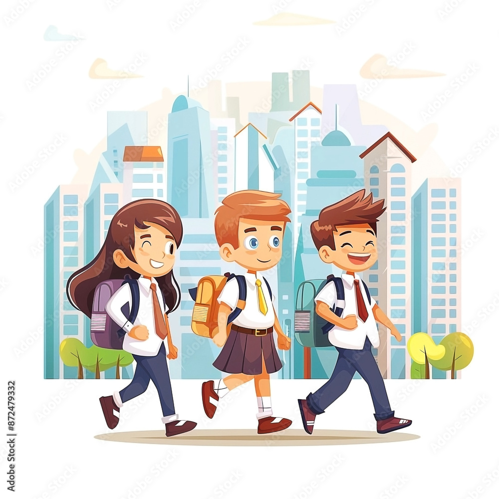 Cheerful Students in School Uniforms Walking in Urban Setting Cheerful Students in School Uniforms Walking in Urban Setting