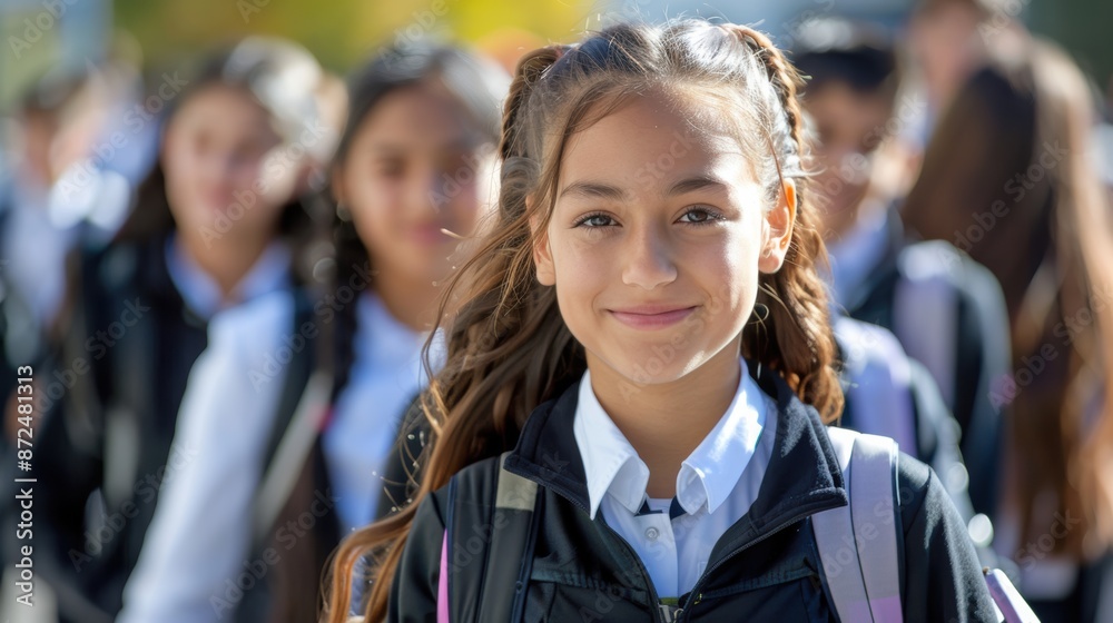 A group of students, all dressed in school uniforms, walking together. The focus is on a girl smiling confidently at the camera. A group of students, all dressed in school uniforms, walking together. The focus is on a girl smiling confidently at the camera.