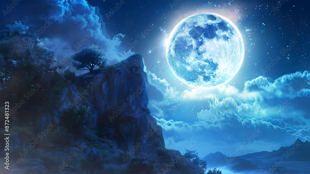 Lunar Overlook: The Captivating Allure of the Moon from a Hilltop Haven. Seamless looping time-lapse virtual 4k video animation background Lunar Overlook: The Captivating Allure of the Moon from a Hilltop Haven. Seamless looping time-lapse virtual 4k video animation background
