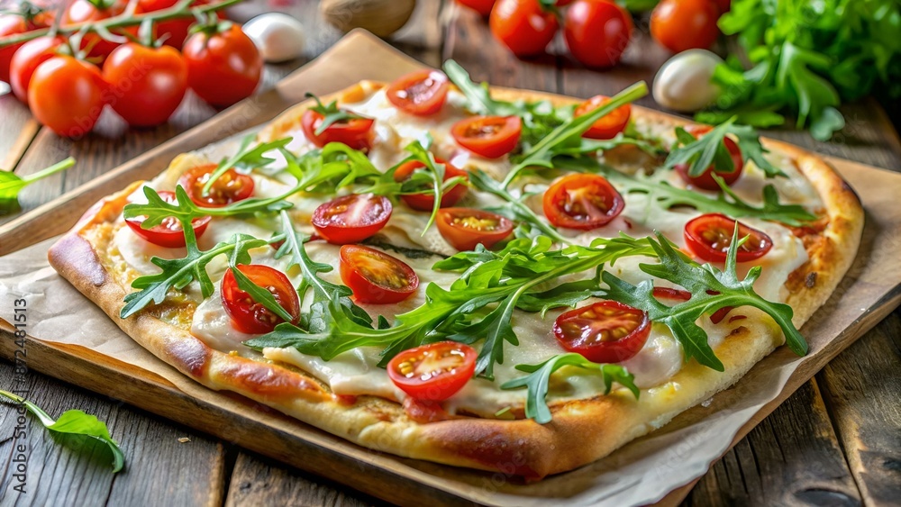 Tarte flambee, an alsatian pizza, with tomatoes and arugula Tarte flambee, an alsatian pizza, with tomatoes and arugula