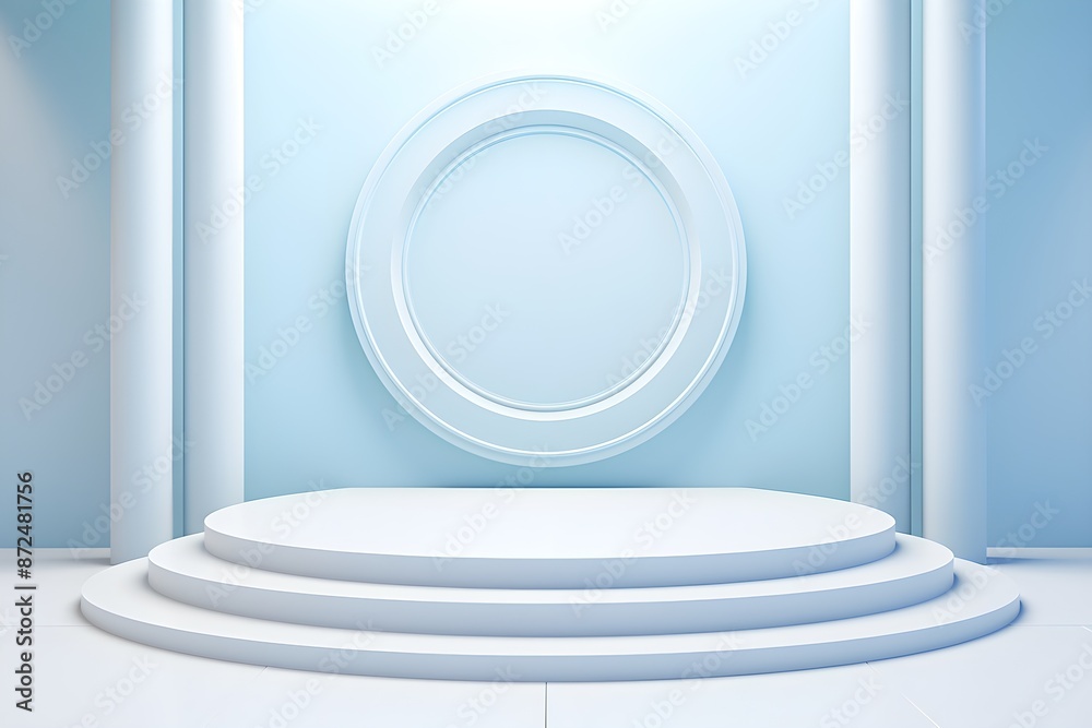 Fototapeta premium Minimalist background of white round podium on pastel blue wall and classic style columns