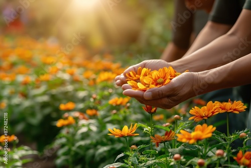 Uma mão segurando margaridas amarelas em meio a um campo florido, transmitindo a beleza da natureza, a simplicidade da vida e a alegria de um dia ensolarado photo