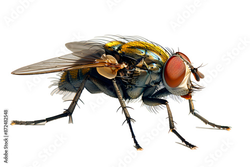 close-up of a common housefly standing on a flat surface, PNG file transparent background photo