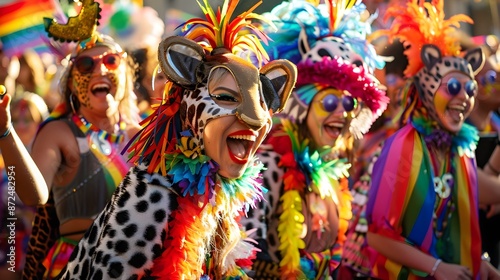 A vibrant menagerie of safari animals adorned in dazzling gender bending costumes celebrating at a lively LGBTQ themed Pride carnival with dramatic shadows luminous lighting