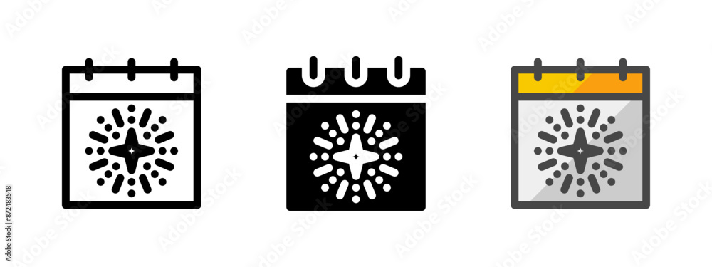 Multipurpose firework calendar vector icon in outline, glyph, filled outline style. Three icon style variants in one pack. Multipurpose firework calendar vector icon in outline, glyph, filled outline style. Three icon style variants in one pack.