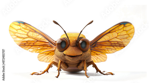 3D cartoon cicada with a delighted expression, its wings partially open, PNG file transparent background