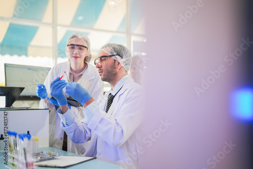 esteemed scientists elegantly dressed in lab coats are meticulously testing chemicals innovative serums and cutting edge antibiotics to pioneer treatments for humans. crafting dietary supplements.