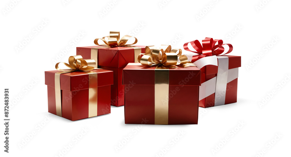 Christmas presents in row, isolated, golden and red color, gold festive Christmas gifts boxes Christmas presents in row, isolated, golden and red color, gold festive Christmas gifts boxes
