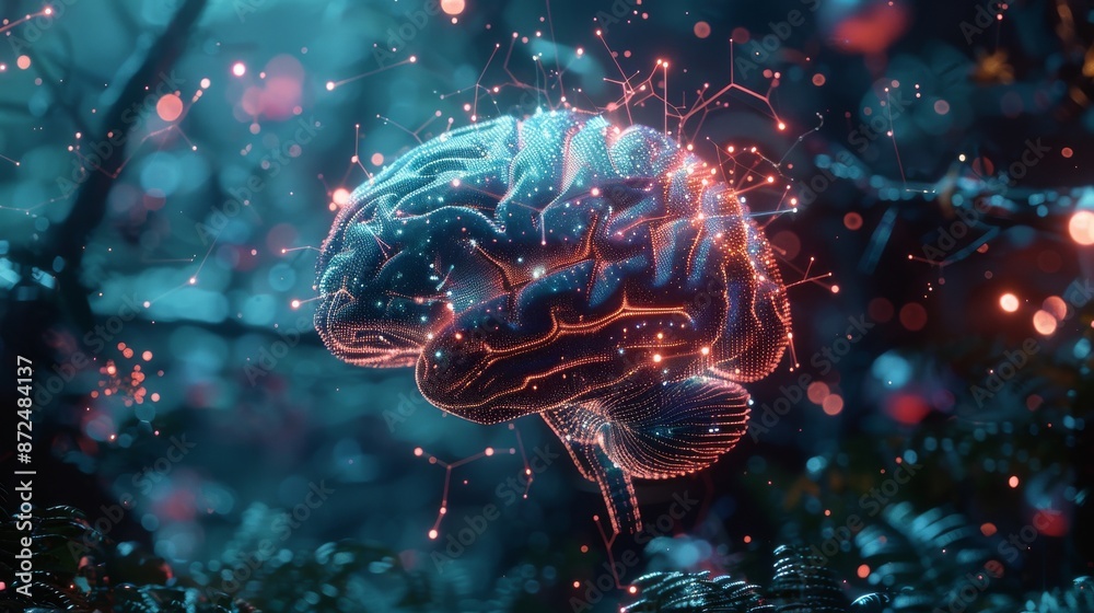 Fototapeta premium Intricate visualization of illuminated neural networks within the human brain, showcasing the complexity of human cognition and intelligence in a futuristic setting