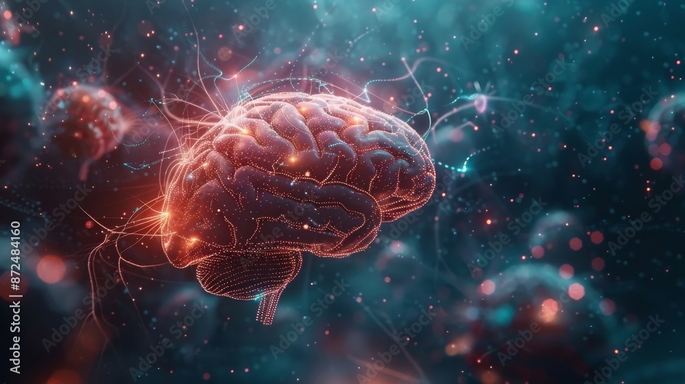 Fototapeta premium Intricate visualization of illuminated neural networks within the human brain, showcasing the complexity of human cognition and intelligence in a futuristic setting