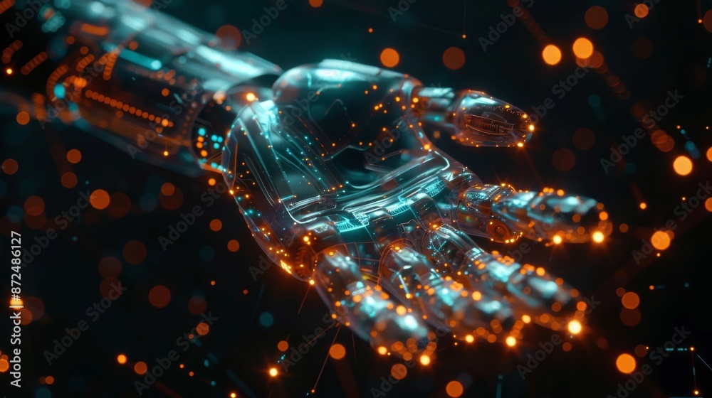 Close-up of a robotic hand reaching out, illuminated with digital lines and data particles on a black background Close-up of a robotic hand reaching out, illuminated with digital lines and data particles on a black background