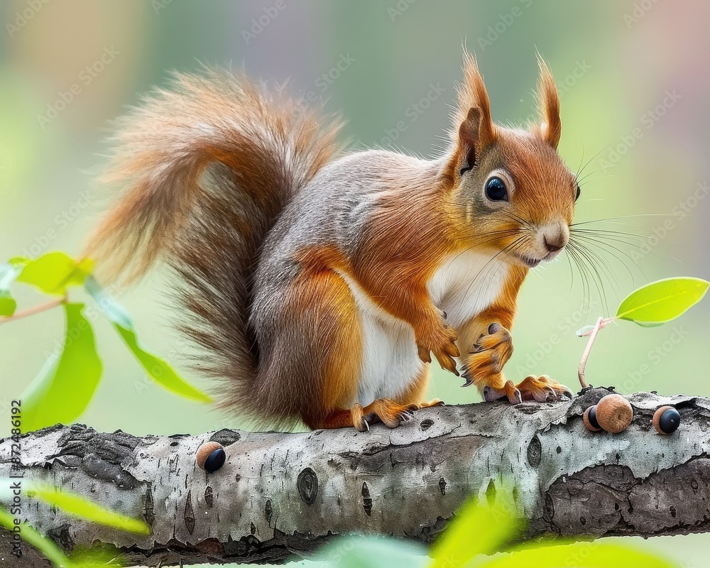 Obraz premium Charming Red Squirrel Holding Nut on Forest Branch Surrounded by Nature's Greenery in a Lush Woodland Setting