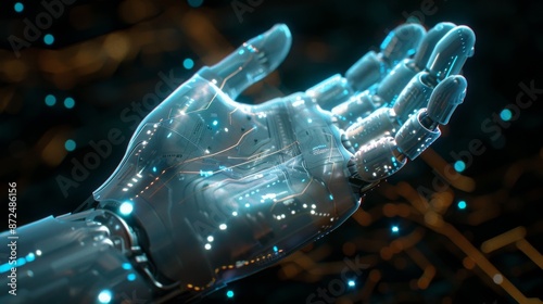 Close-up of a robotic hand reaching out, illuminated with digital lines and data particles on a black background