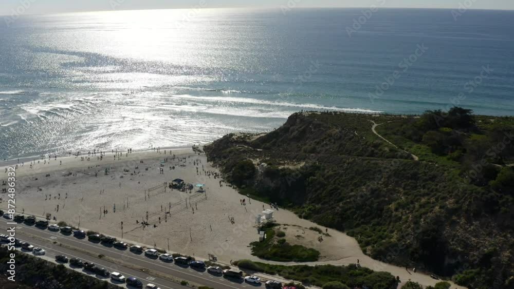 Aerial view of Del Mar beach with volleyball road and Pacific Ocean in San Diego California on a sunny day with blue sky Aerial view of Del Mar beach with volleyball road and Pacific Ocean in San Diego California on a sunny day with blue sky
