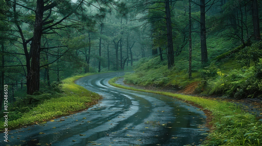 Naklejka premium A road with a curve and trees in the background