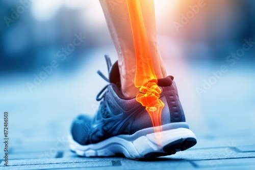 Dynamic view of a runner's ankle with highlighted bones, emphasizing joint health and injury prevention. Ideal for health and fitness content. photo