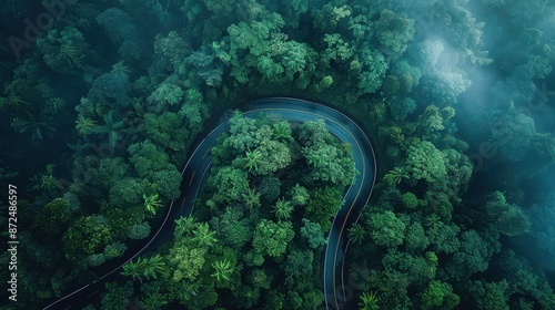 A winding road through a lush forest with trees on both sides