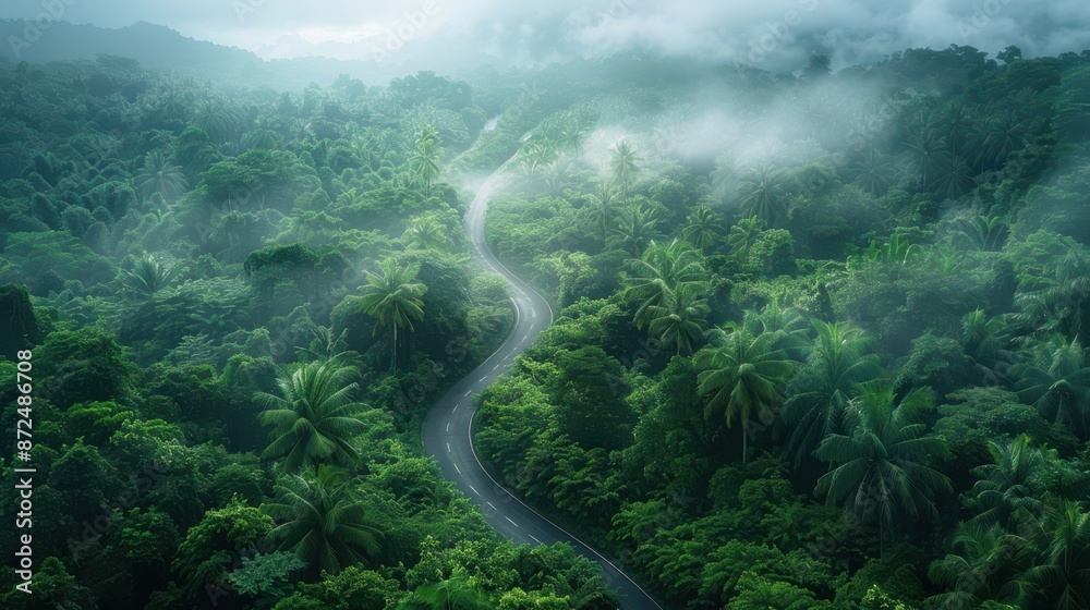 A winding road through a lush green forest