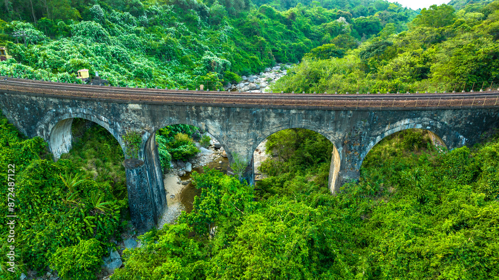Fototapeta premium Aerial view of train and railway on Hai Van pass, Bach Ma mountain, Hue, Vietnam
