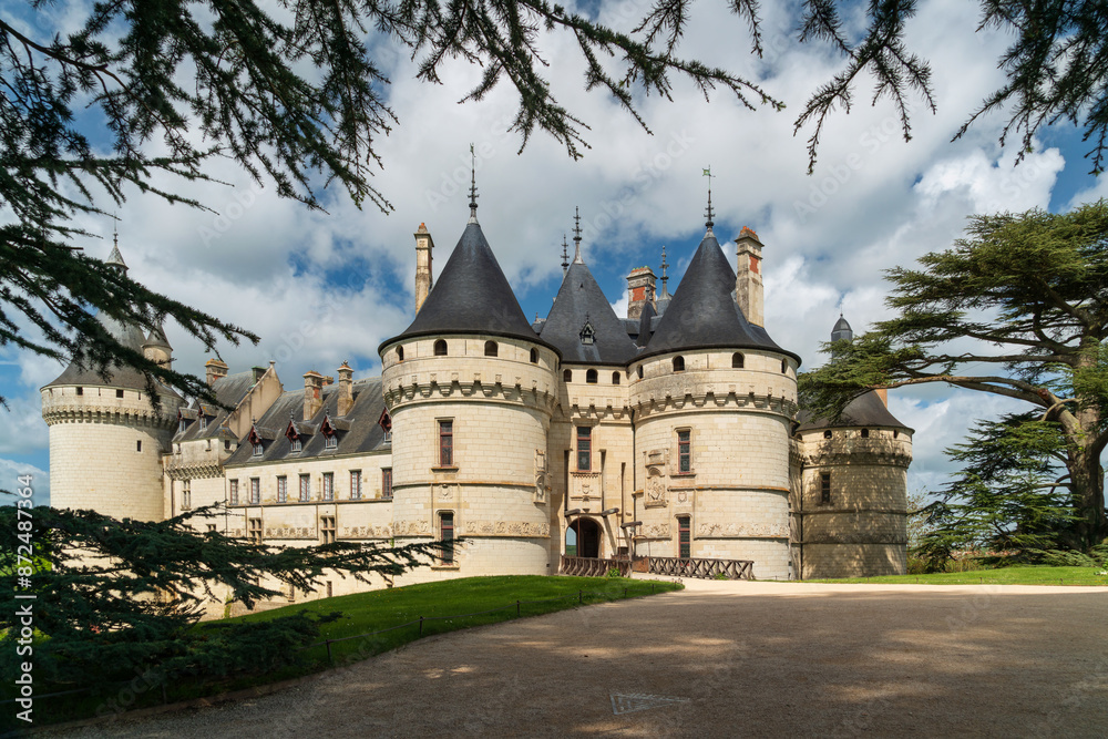 View of the Chateau Chaumont-sur-Loire, a medieval castle on the banks of the Loire, between the towns of Amboise and Blois on a sunny summer day, Loir-et-Cher, France View of the Chateau Chaumont-sur-Loire, a medieval castle on the banks of the Loire, between the towns of Amboise and Blois on a sunny summer day, Loir-et-Cher, France