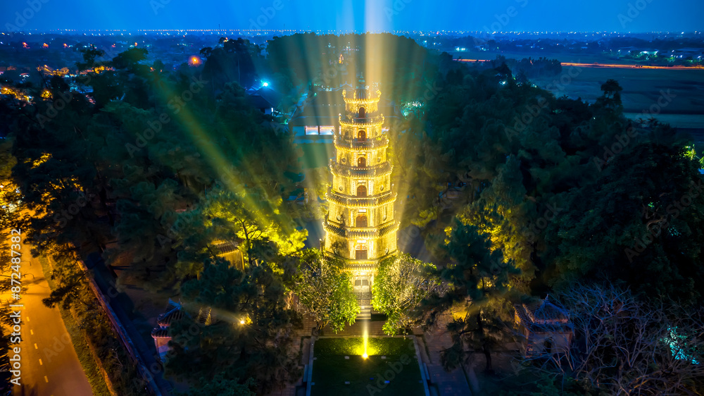 Fototapeta premium Aerial view of Thien Mu Pagoda is one of the ancient pagoda in Hue city.It is located on the banks of the Perfume River in Vietnam's historic city of Hue.