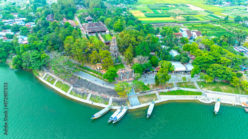 Aerial view of Thien Mu Pagoda is one of the ancient pagoda in Hue city.It is located on the banks of the Perfume River in Vietnam's historic city of Hue. photo
