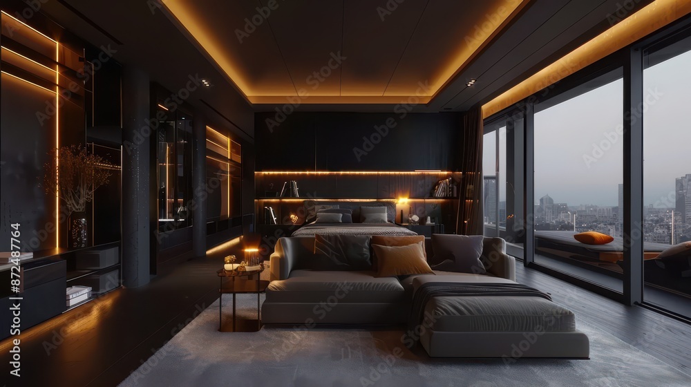 A large, modern living room with a black color scheme and a black bed A large, modern living room with a black color scheme and a black bed