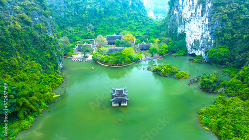 Landscape of Vu Cung at Tam Coc National Park. It was the place where the Tran Dynasty's struggle against the Nguyen Mong army took place and was also the practice place for feudal kings in Vietnam.