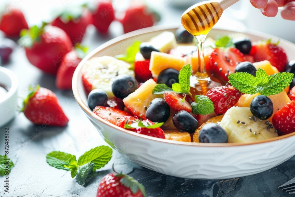 Fresh Fruit Salad Drizzled with Honey