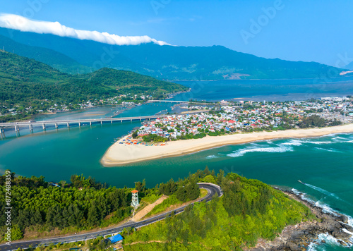 Aerial view of Lang Co bay and beach, Hai Van pass, Lap An lagoon, Hue, Vietnam. Travel and landscape concpet.