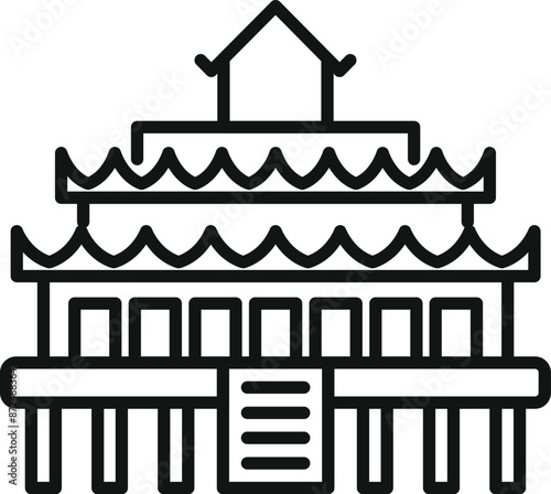 Simple line icon of a traditional asian house, with a curved roof and standing on stilts