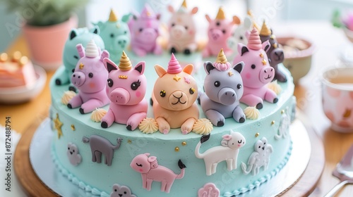 Unicorn and Animal Themed Birthday Cake. © suratin