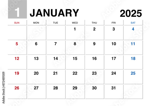 2025年1月のカレンダー日曜始まり日本の祝日表記無し