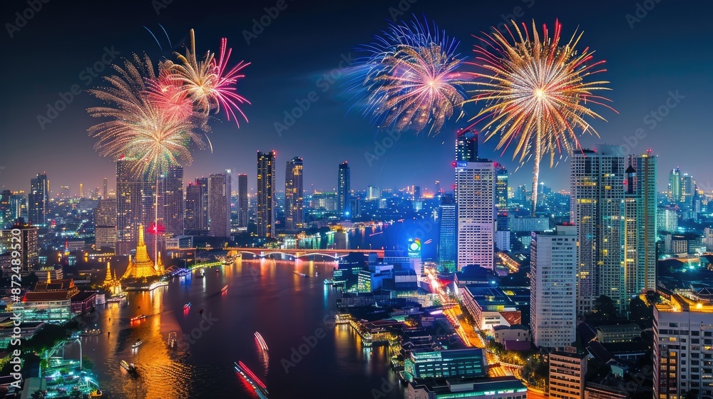 Obraz premium Bangkok night skyline with colorful fireworks, festive atmosphere