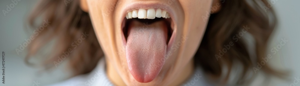 Obraz premium Close-up of a person sticking out their tongue, capturing a fun and playful moment with focus on the mouth and tongue.