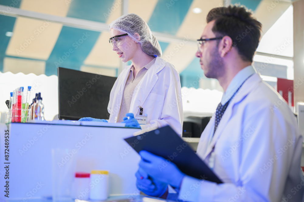 scientists perform experiments and record data. people arranges equipment with test tubes and chemicals for producing medicine and biochemistry. man hold tubes of chemical liquids and plant samples. scientists perform experiments and record data. people arranges equipment with test tubes and chemicals for producing medicine and biochemistry. man hold tubes of chemical liquids and plant samples.